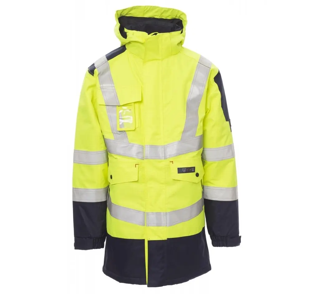 PARKA SHIELD · BICOLOR · IMPERMEABLE [3/4] · IGNIFUGO · ANTIESTATICO · RIESGO QUIMICO · CAPUCHA PLEGABLE · AV · CE III CAT (XS)