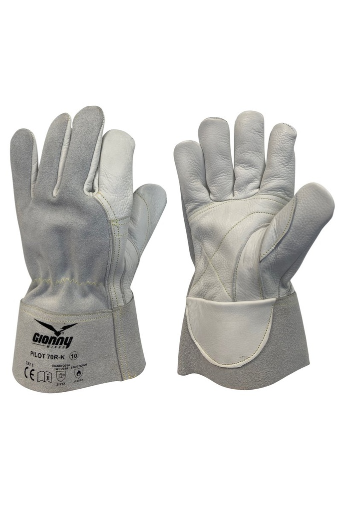 GUANTES PILOT 70R-K · FLOR VACUNO · DORSAL SERRAJE · COSTURAS PARA-ARAMIDA· MANGUITO 7CM | PACK 12 PARES