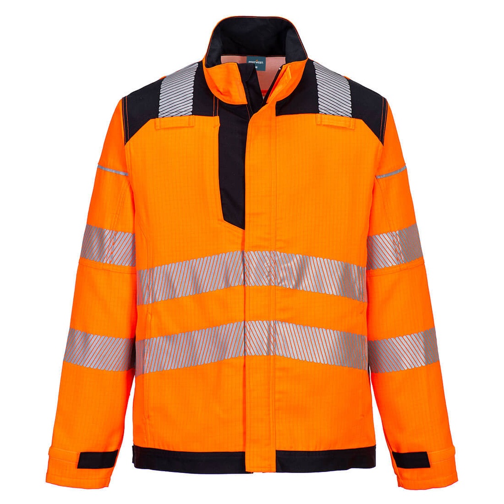 CHAQUETA INHERENTE FR722 PW3 · STRETCH · BANDAS SEGMENTADAS · IGNIFUGO · SOLDADURA · ANTIESTATICO · ARCO ELECTRICO · QUIMICO · AV · CE III CAT