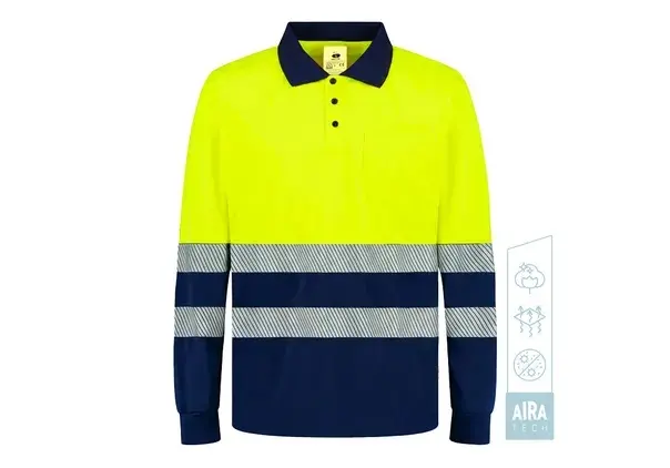 POLO SOUL AIRA TECH · ML · BICOLOR · TACTO ALGODON · ANTIBACTERIANO · BOLSILLO · AIREADORES AXILAS · BANDAS SEGMENTADAS · AV · CE II CAT