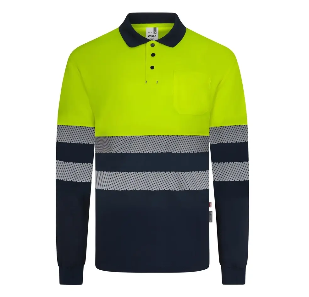 POLO GRS 305535 · ML · BICOLOR · BOLSILLO · BANDAS SEGMENTADAS · PROTECCION SOLAR >50ºC · ECO · AV · CE II CAT · [140g] (AZUL NAVY/AMARILLO FLUOR, XS)